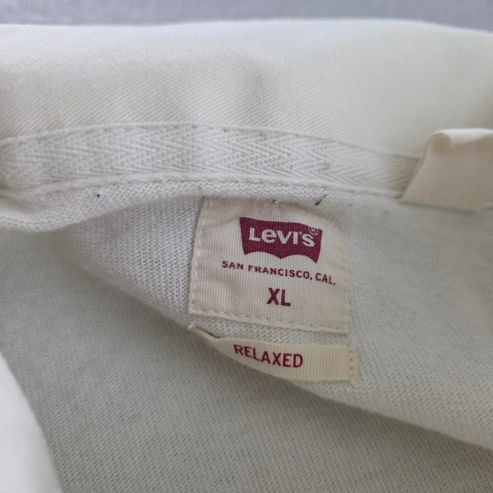 Levis Mens Relaxed Fit Rugby Shirt XL Cream Green Color Block Long Sleeve Polo